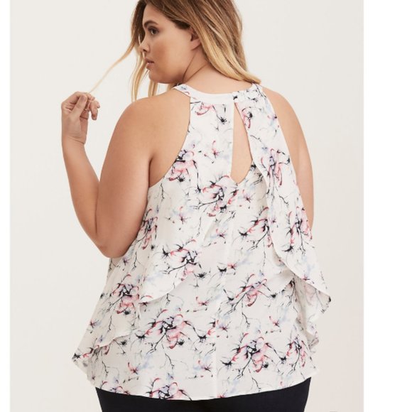 TORRID CHIFFON WATERCOLOR FLORAL MOCK NECK TOP - Picture 2 of 9